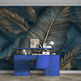 Mavi Tonlu Altın Yaprak Desenli Duvar Kağıdı