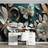 3 Boyutlu Beyaz Çiçek ve Kelebek Desenli Duvar Kağıdı