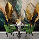 Yeşil Altın Yaprak Çizim Desenli Duvar Kağıdı