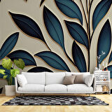 Mavi Yaprak İşleme Desenli Duvar Kağıdı