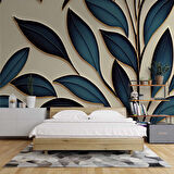 Mavi Yaprak İşleme Desenli Duvar Kağıdı