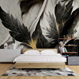 Siyah Beyaz Yaprak Çizim Desenli Duvar Kağıdı