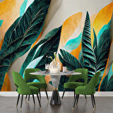 Yeşil Sarı Yaprak Çizim Desenli Duvar Kağıdı