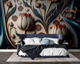 3 Boyutlu Beyaz Lale Desenli Duvar Kağıdı