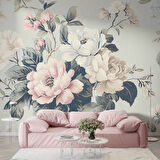 Soft Mavi Pembe Çiçek Desenli Duvar Kağıdı
