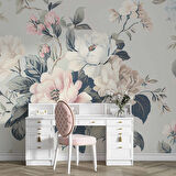 Soft Mavi Pembe Çiçek Desenli Duvar Kağıdı