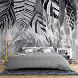 Siyah Gri Yaprak Çizim Desenli Duvar Kağıdı