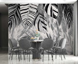 Siyah Gri Yaprak Çizim Desenli Duvar Kağıdı