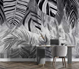 Siyah Gri Yaprak Çizim Desenli Duvar Kağıdı