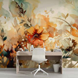 Turuncu Çiçek Çizim Deseneli Duvar Kağıdı