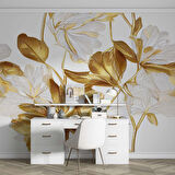 3 Boyutlu Beyaz Altın Çiçek Desenli Duvar Kağıdı