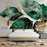 Beyaz Zemin Yeşil Yaprak Çizim Temalı Duvar Kağıdı