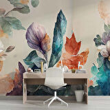 3 Boyutlu Pembe Çiçek Yeşil Yaprak Çizim Temalı Duvar Kağıdı