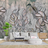 Pembe Eflatun Yaprak Çizim Temalı Duvar Kağıdı