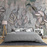 Pembe Eflatun Yaprak Çizim Temalı Duvar Kağıdı