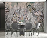 Pembe Eflatun Yaprak Çizim Temalı Duvar Kağıdı