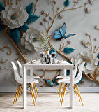 3 Boyutlu Mavi Çiçek Altın Dal Desenli Duvar Kağıdı