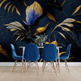 3 Boyutlu Lacivert Altın Çiçek Desenli Duvar Kağıd
