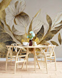 Beyaz Çiçek Yeşil Yaprak Desenli Duvar Kağıdı