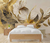 Beyaz Çiçek Yeşil Yaprak Desenli Duvar Kağıdı