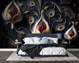 3 Boyutlu Lacivert Lale Desenli Duvar Kağıdı