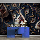 3 Boyutlu Lacivert Lale Desenli Duvar Kağıdı