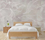 Gri Zemin Beyaz Yaprak Çizim Desenli Duvar Kağıdı