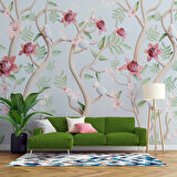 Yeşil Zemin Pembe Kırmızı Çiçek Desenli Duvar Kağıdı