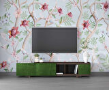 Yeşil Zemin Pembe Kırmızı Çiçek Desenli Duvar Kağıdı