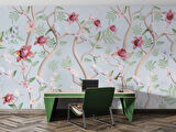 Yeşil Zemin Pembe Kırmızı Çiçek Desenli Duvar Kağıdı