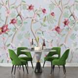 Yeşil Zemin Pembe Kırmızı Çiçek Desenli Duvar Kağıdı
