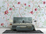 Yeşil Zemin Pembe Kırmızı Çiçek Desenli Duvar Kağıdı