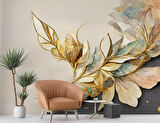 Altın ve Renkli Yaprak Desenli Duvar Kağıdı