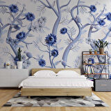 Mavi Çiçek ve Dal Desenli Duvar Kağıdı