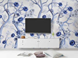 Mavi Çiçek ve Dal Desenli Duvar Kağıdı