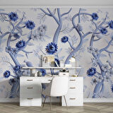 Mavi Çiçek ve Dal Desenli Duvar Kağıdı