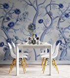 Mavi Çiçek ve Dal Desenli Duvar Kağıdı