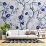 Mavi Çiçek ve Dal Desenli Duvar Kağıdı
