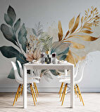 Yeşil ve Altın Yaprak Pembe Çiçek Desenli Duvar Kağıdı