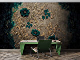 Altın Yaprak Yeşil Çiçek Desenli Duvar Kağıdı