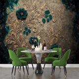 Altın Yaprak Yeşil Çiçek Desenli Duvar Kağıdı