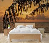 Gün Batımı ve Palmiye Dal Manzaralı Duvar Kağıdı