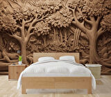 3 Boyutlu Orman Figürlü Ağaç Oyma Desenli Duvar Kağıdı