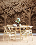 3 Boyutlu Orman Figürlü Ağaç Oyma Desenli Duvar Kağıdı