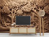 3 Boyutlu Orman Figürlü Ağaç Oyma Desenli Duvar Kağıdı