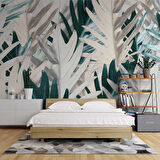 Yeşil Beyaz Yaprak Desenli Duvar Kağıdı