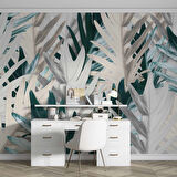 Yeşil Beyaz Yaprak Desenli Duvar Kağıdı