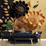 3 Boyutlu Sarı Siyah Çiçek Desenli Duvar Kağıdı