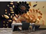 3 Boyutlu Sarı Siyah Çiçek Desenli Duvar Kağıdı