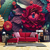 3 Boyutlu Kırmızı Turuncu Çiçek Desenli Duvar Kağıdı